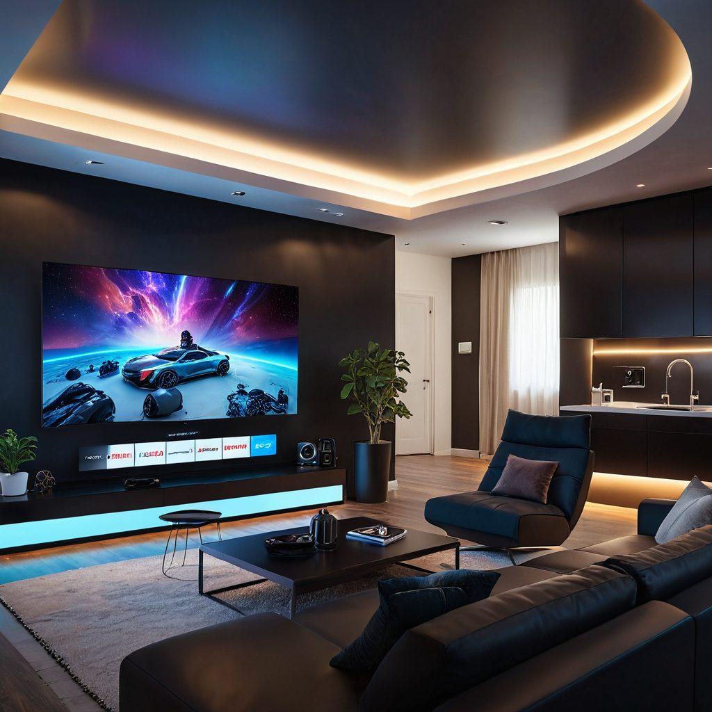 A futuristic living room setup showcasing a large holographic screen displaying various streaming platforms and premium content options. Include sleek furniture, ambient lighting, and people enjoying diverse content in comfort. Add elements of technology, like VR headsets and smart devices, to depict innovation in home entertainment. super-realistic. vibrant colors. 3D.