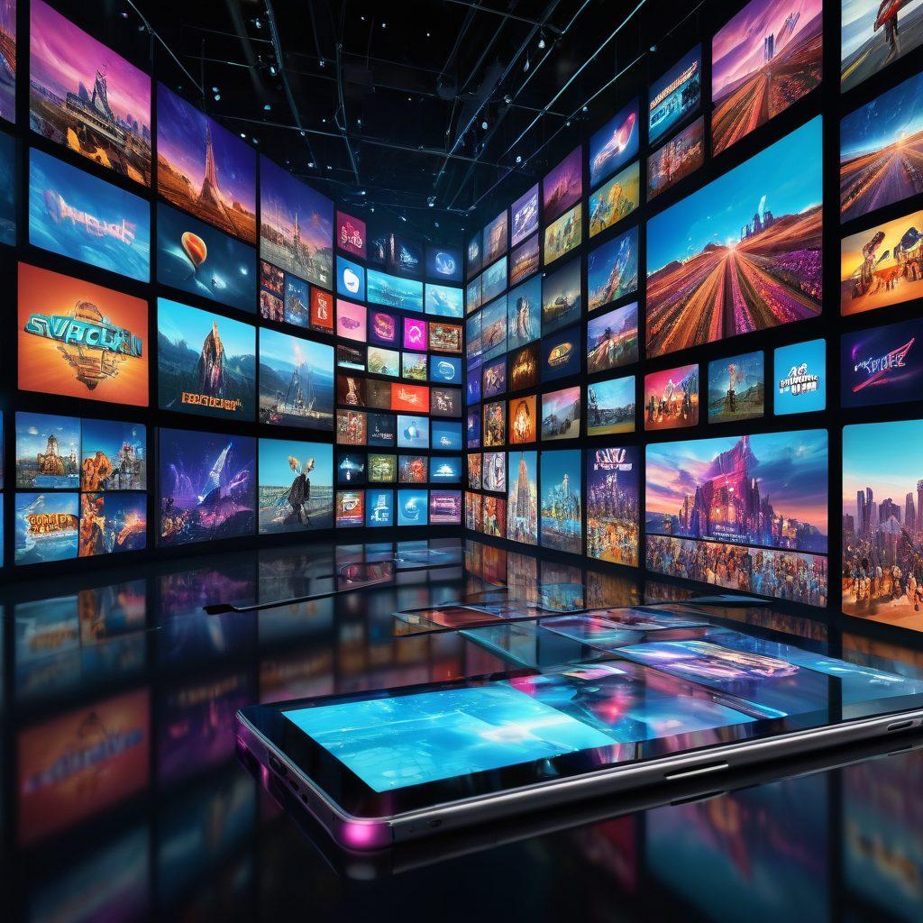 A dynamic scene depicting a vibrant digital landscape, showcasing a live broadcast transitioning into an on-demand streaming experience. Highlights include vibrant screens displaying popular entertainment icons, audience engagement, and a diverse group of people enjoying content on various devices. Incorporate elements like streaming buttons and playful digital graphics to convey the shift in entertainment consumption. futuristic style. vibrant colors. 3D.