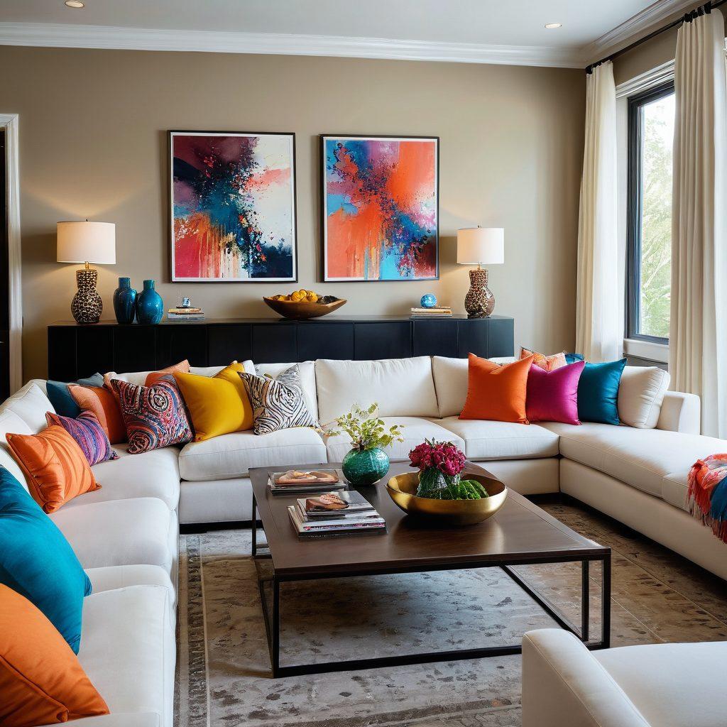 A luxurious living room setting with a large flat-screen TV displaying vibrant, high-quality streaming content. Plush sofas with colorful throw pillows, a sleek coffee table with a gourmet snack spread, and soft ambient lighting creating an inviting atmosphere. In the background, a wall adorned with framed artwork and a bookshelf filled with premium magazines. Emphasize the feeling of comfort and opulence. super-realistic. vibrant colors.